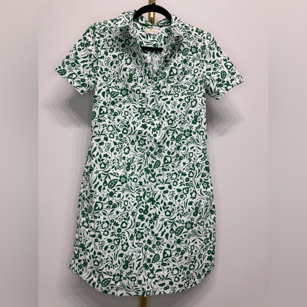 Boden Size 4 Floral V-Neck White and Green Patterned Mini Dress